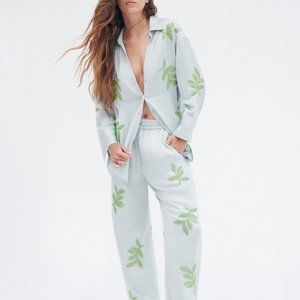 ZARA Woman CO-ORD SET | Beaded EMBROIDERED LEAF PRINT SHIRT Sky Blue
